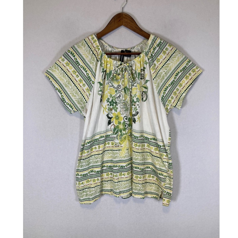 Boho Cottagecore Jason Maxwell Women PM Green Yellow Floral Peasant Blouse Top